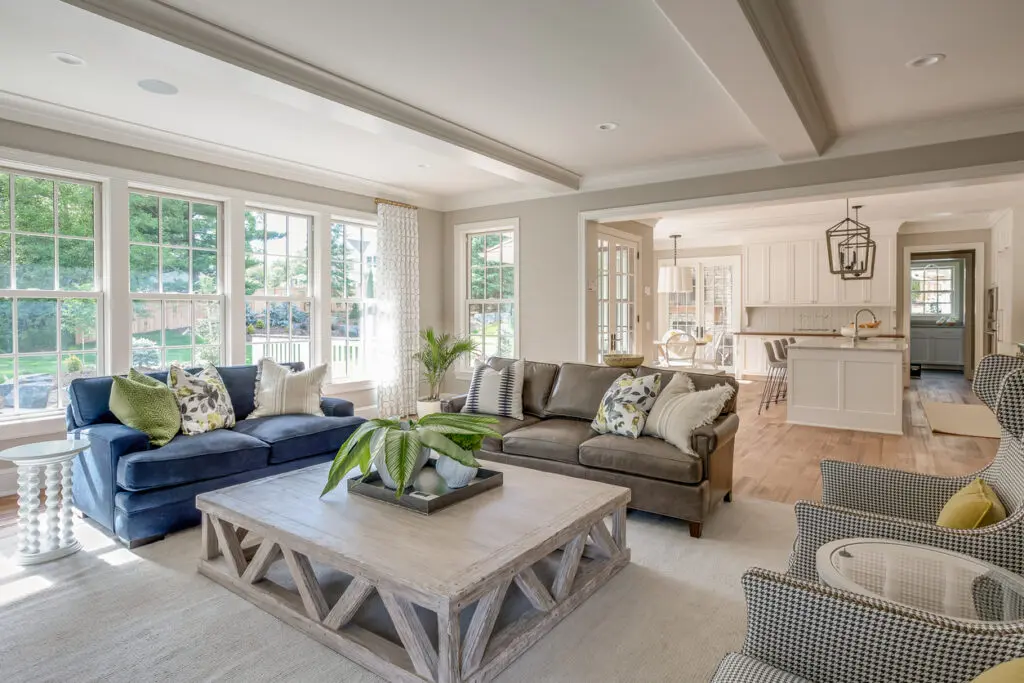 Open concept family room living room with trim- how to make a room look bigger with paint