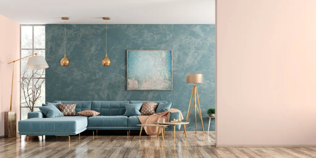 Interior of living room with blue sofa 3d rendering Interior Paint Color Consultation for a Living Room