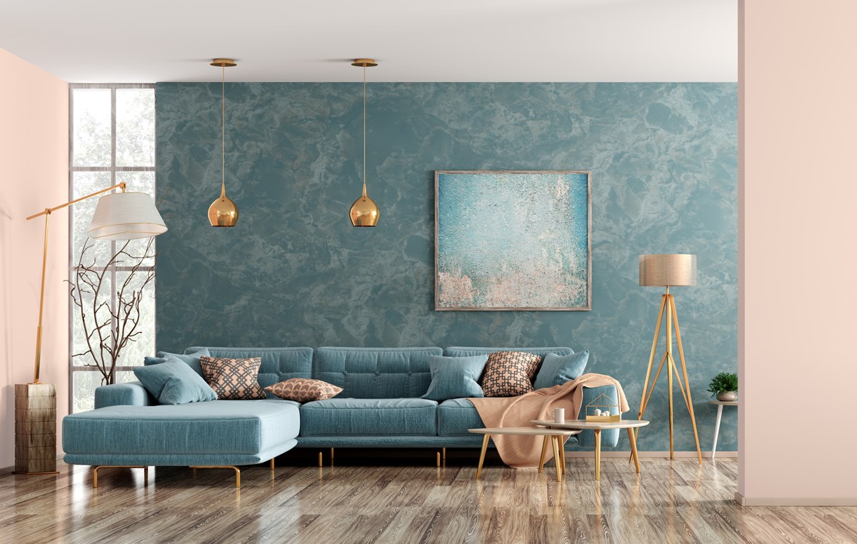 Interior of living room with blue sofa 3d rendering blue textured accent wall in a living room