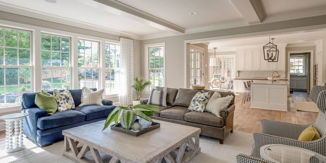 Open concept family room living room with trim- how to make a room look bigger with paint